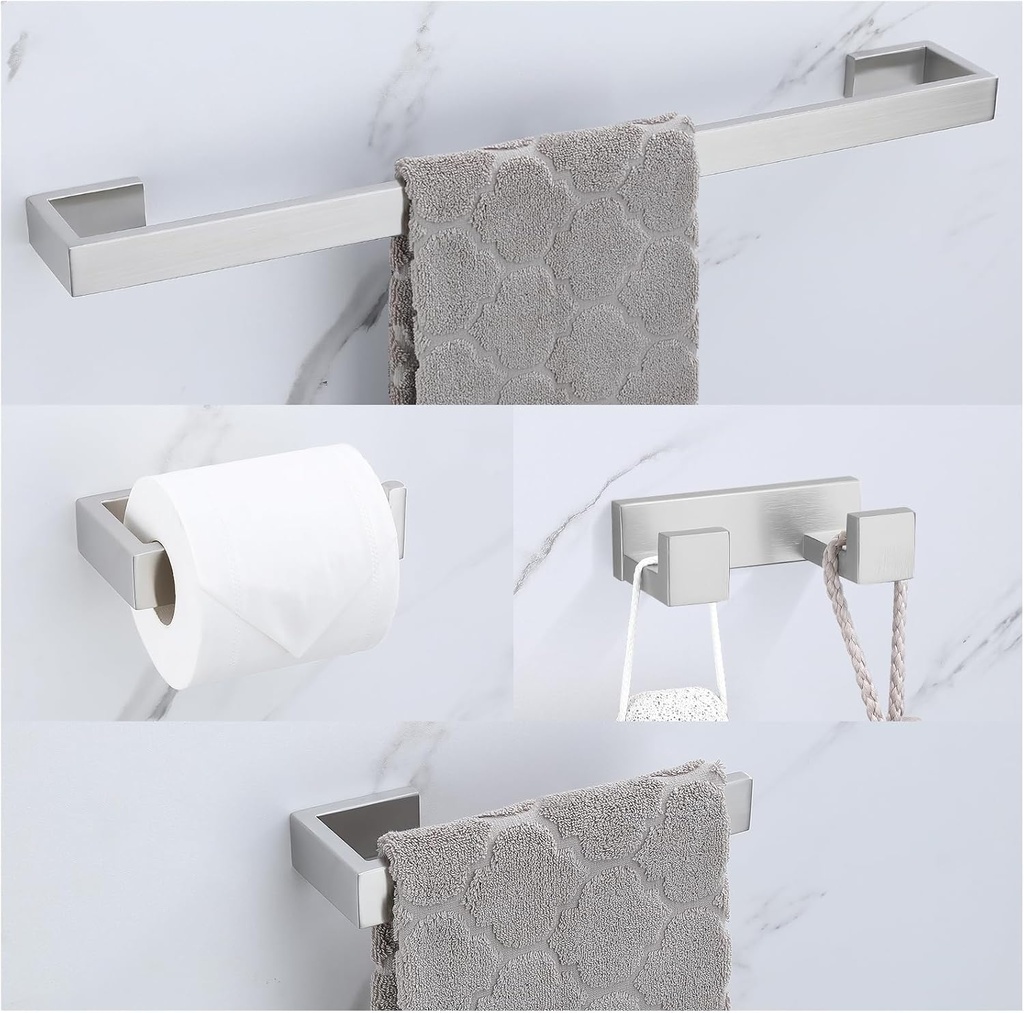 Brushed Nickel Bathroom Hardware Set, 4-Piece Bath Towel Bar Set SUS304 Stainless Steel Towel Rack Set for Bathroom, 23.6 inches Bathroom Towel Holder Set Wall Mounted