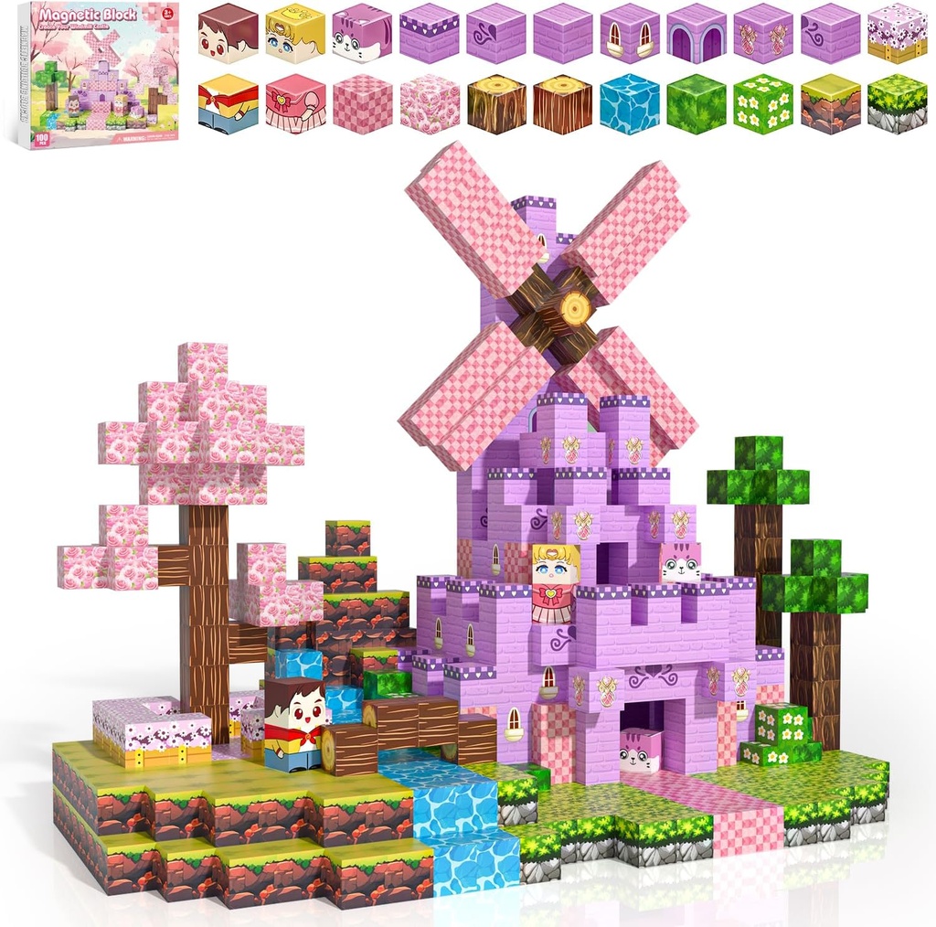 100PCS Magnetic Blocks, Magnetic Building Blocks for Kids Age 4-8, Pink Princess Castle Toys for Girls, STEM Sensory Birthday Gift for Kids Age 3+ Years Old
