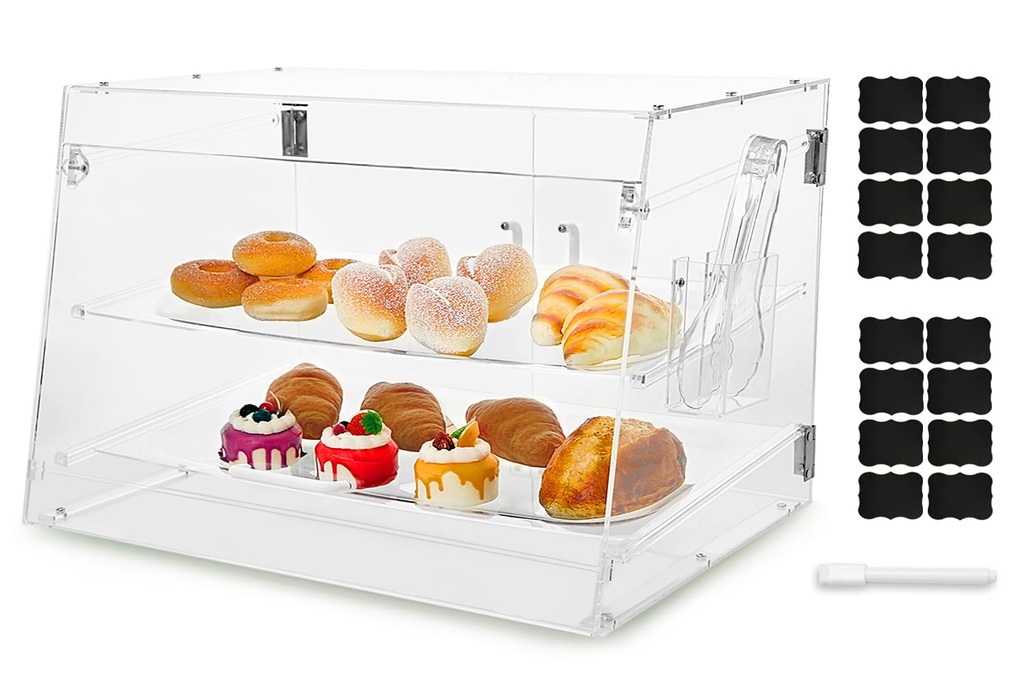 2 Tray Commercial Countertop Bakery Display Case 21.6" x 15.7" x 15.7" Acrylic Pastry Display Case with Serving Tong, Bread Display Case with Front & Rear Doors