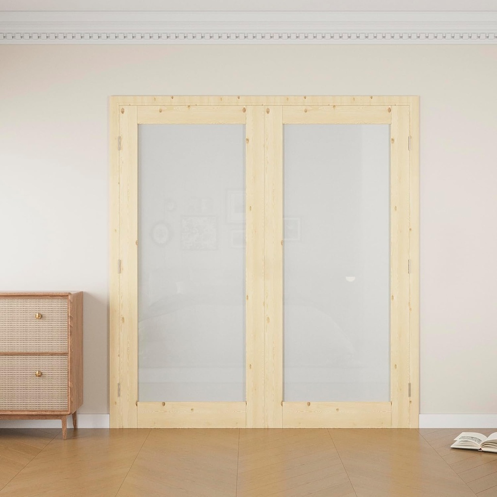 64" x 80" French Interior Pine Wood Doors Slab (Double 32" x 80" 1-Panel Frosted Glass Door Shakers Replacement Only, Without Hardware Kit & Frame), Uninished & Paintable, Prebuilt Home Door Panels