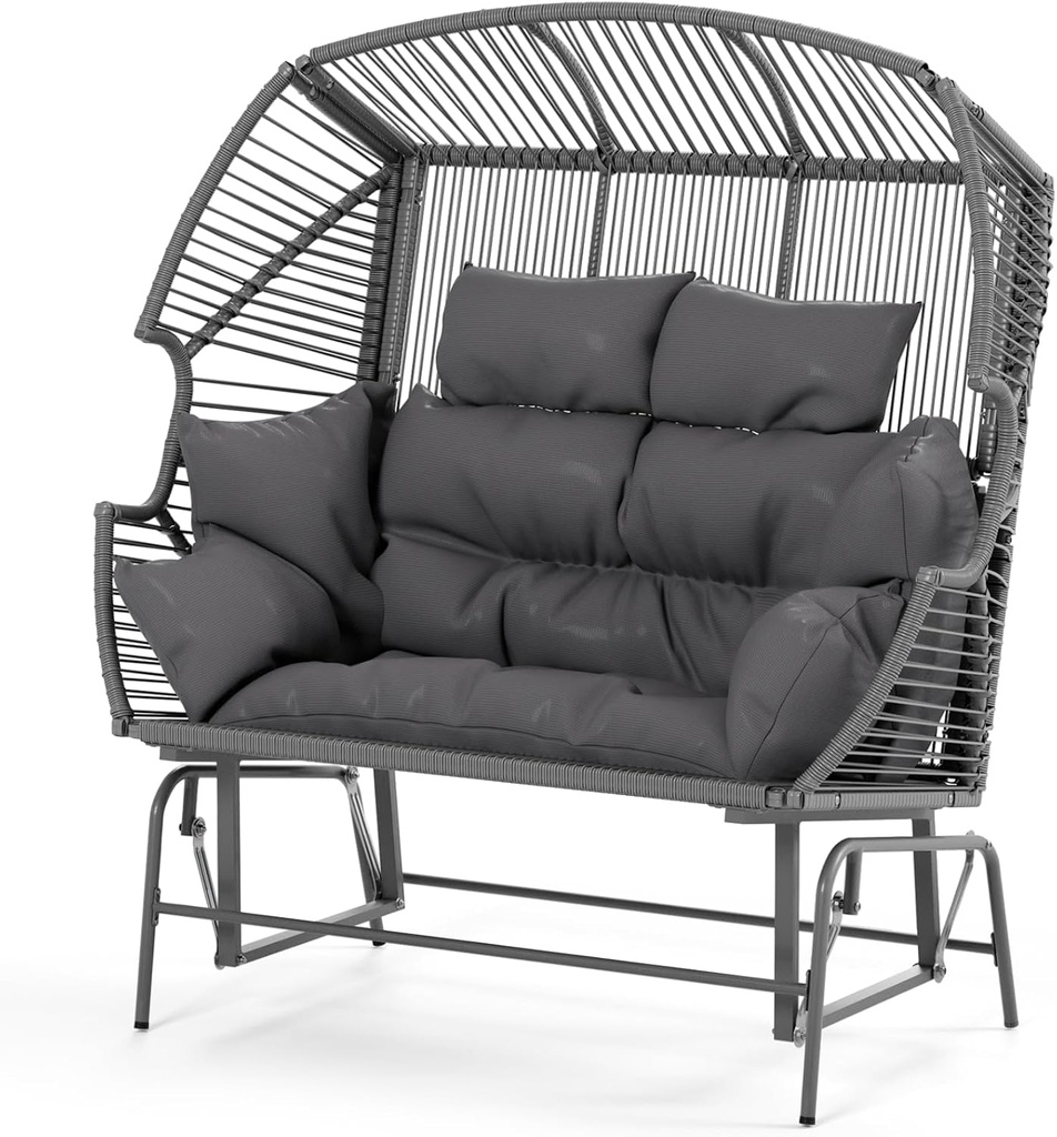 ECOTOUGE Patio Double Egg Chair, Indoor Outdoor Oversized Loveseat, 2 Person Extra Large Wicker Lounge Rocking Glider Chairs w/Thicken Padded Cushions and Pillow for Garden Balcony Sunroom, Grey
