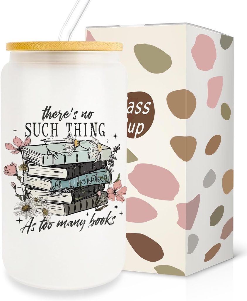 Gifts For Book Lovers Women, Christmas Gifts for Book Lovers, Bookish Gifts for Readers, 16oz Iced Coffee Glass Cups with Lid and Straw, Book Themed Tumbler, Reader Gift Ideas for Women