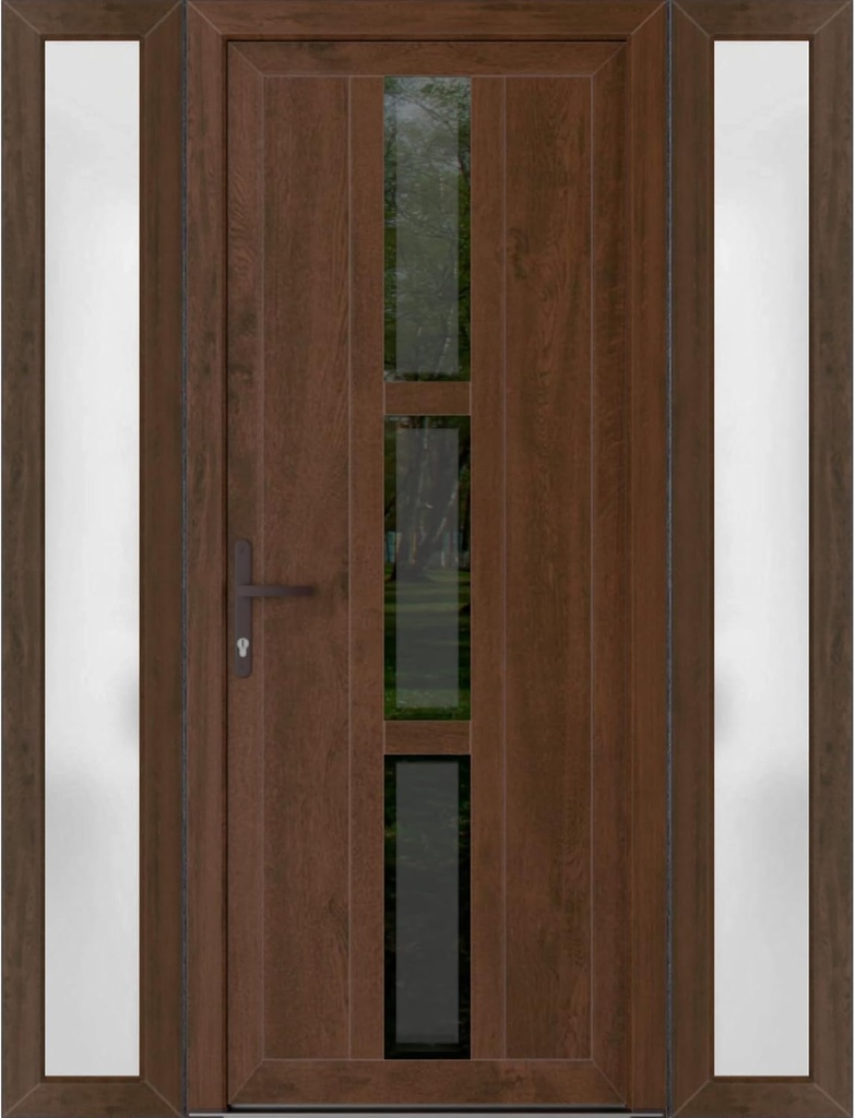 VDOMDOORS Front Exterior Prehung Metal-Plastic Door Frosted Glass | Manux 8112 Walnut | 2 Side Sidelite Transoms | Residential Doors Entrance Patio Garage 60 x 80 (W12+36+12 x H80) Right-Inswing