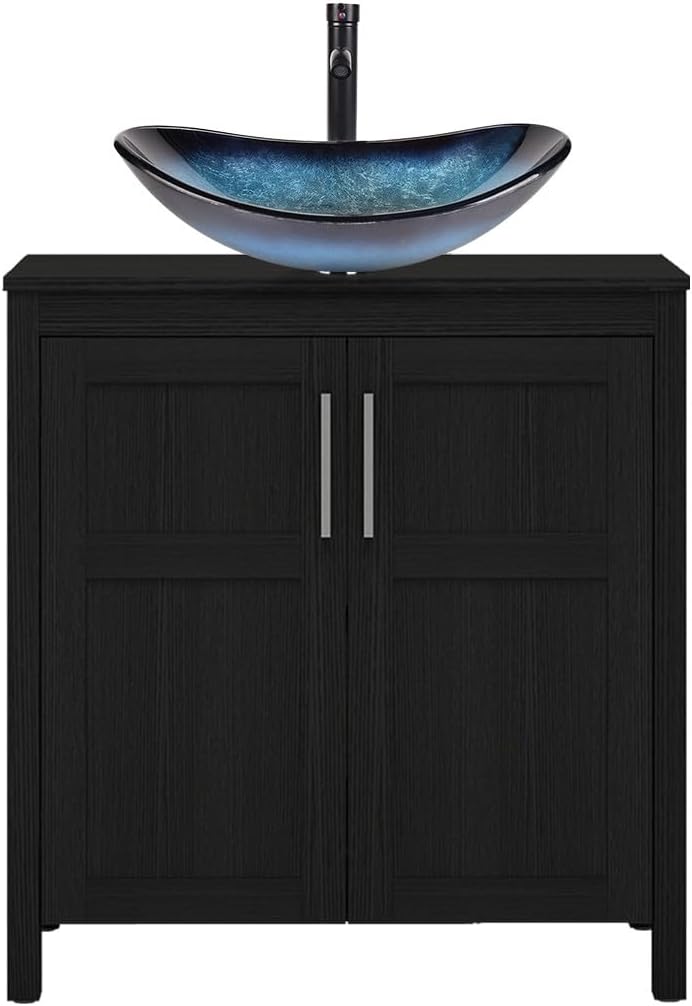 YOURLITE 30" Bathroom Vanity with Sink, Black Bathroom Vanity and Sink Combo with Faucet & Pop Up Drain Set,Traditional Vanity with Blue Glass Bowl Bathroom Sink