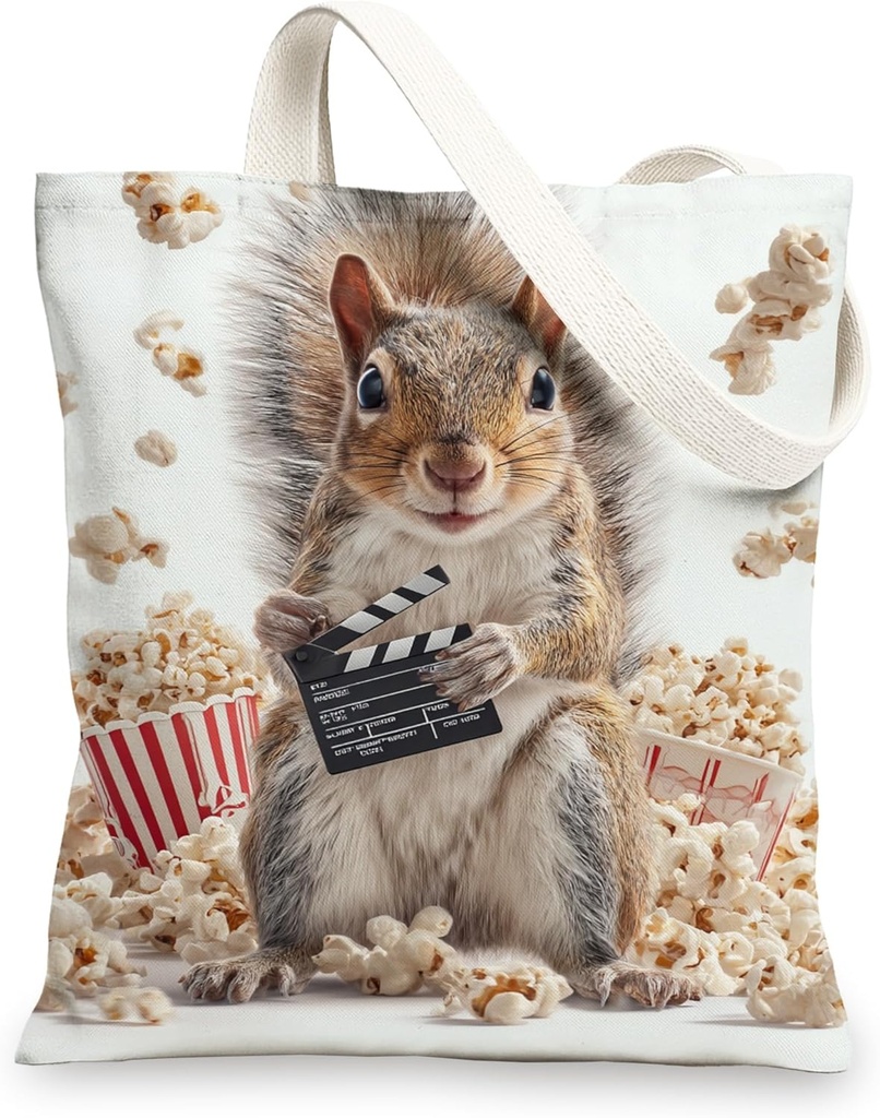 Squirrel Canvas Tote Bag, Fun Reusable Grocery Bags, Lightweight Natural Shoulder Strap Bags