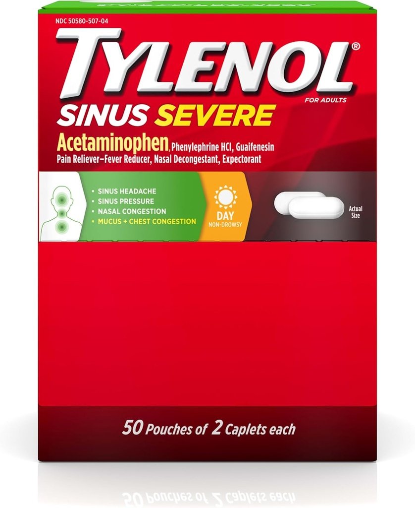 Tylenol Sinus Severe Daytime Caplets with Acetaminophen 325mg, Guaifenesin 200mg & Phenylephrine HCl 5mg, Non-Drowsy Pain Reliever, Expectorant & Nasal Decongestant, 50 Travel Packs of 2 ct