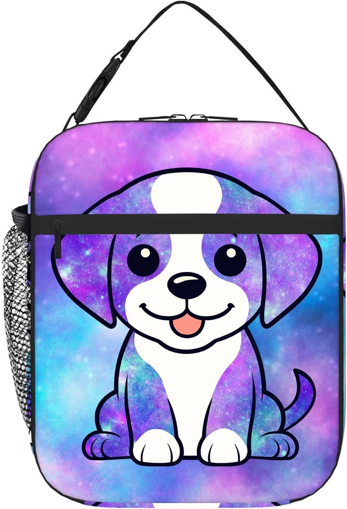 Kids Galaxy Dog Lunch Bag, Cute Dog Puppy Insulated Lunch Box Cooler Thermal Food Tote, Funny Purple Blue Galaxy Animal Print Lunchbox Reusable Meal Handbags for Boys Girls Women Men