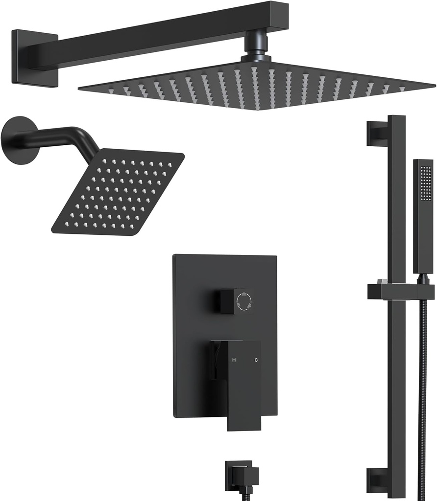 10" High-Pressure Rainfall Shower Faucet with Handheld Spray, Wall Mount Dual Shower Head System with Slide Bar (Matte Black)
