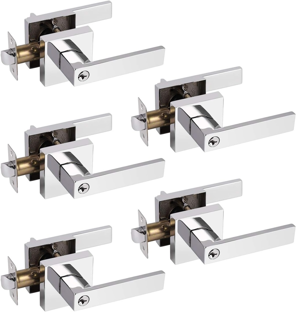 Probrico 5 Pack Keyed Entry Lever Locks for Exterior Door & Front Door, Heavy Duty Entrance Door Handles, Polished Chrome Universal Handing Hardware Lockset (Different Keys)