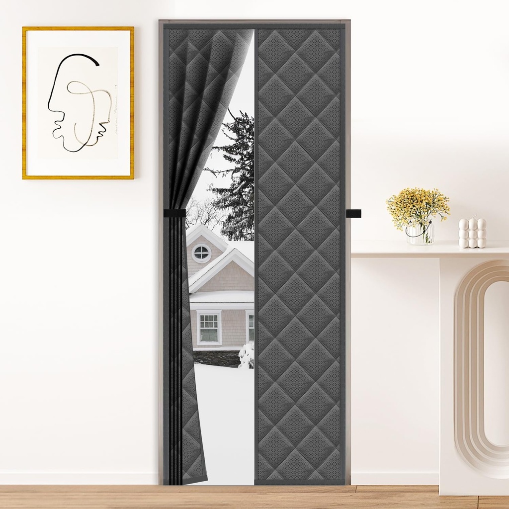 Magnetic Thermal Insulated Door Curtain for Winter Fits Door Size 38" x 82", Temporary Thermal Door Covers with Thicken Cotton to Keep Cold Out Doorway Screen Curtains for Front Patio Door - Grey