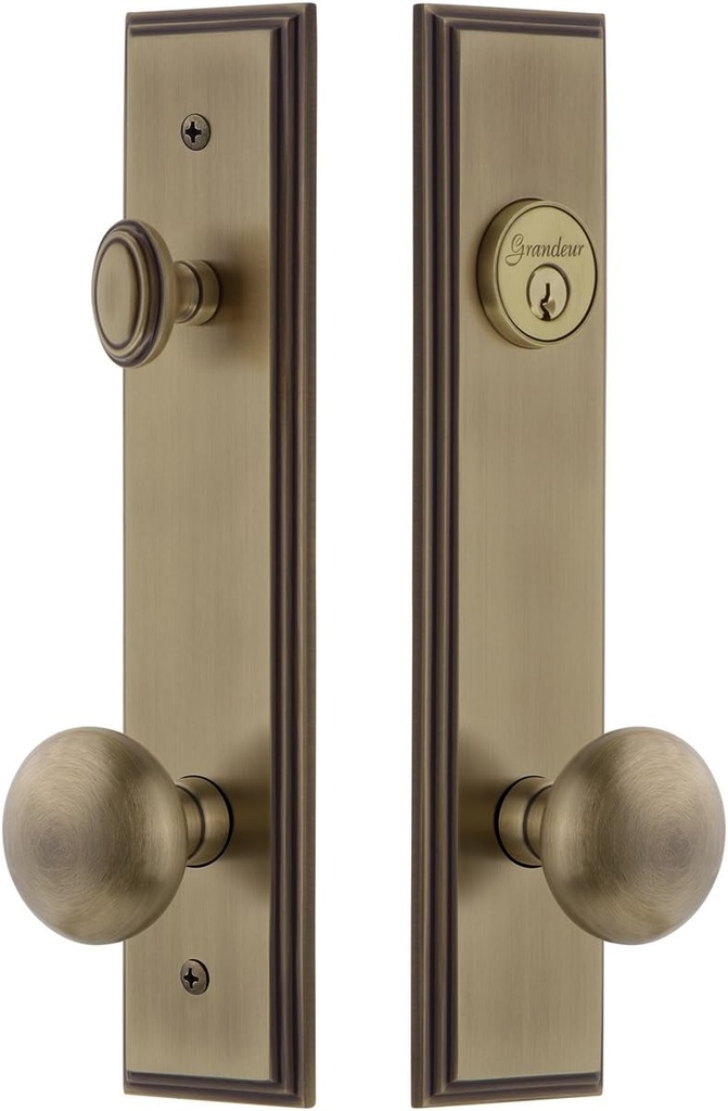 Grandeur Hardware 840171 Carre' Tall Plate Complete Entry Set with Fifth Avenue Knob, Backset Size - 2.75", Vintage Brass