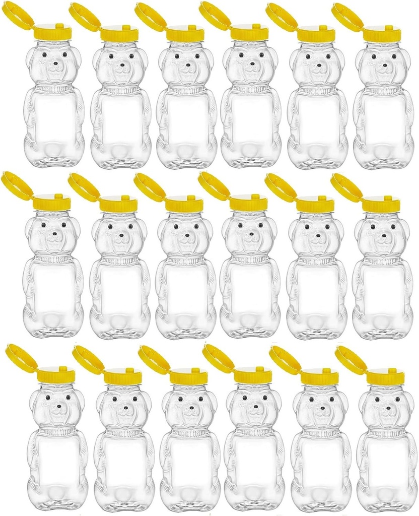Nakpunar 18 Pack 8 fl oz Plastic PET Honey Bear Jars, Squeeze Bottles with Yellow Flip-Top Dispenser Caps w/Seals - Holds 12 oz Honey by Weight - BPA Free, Refillable and Made in USA