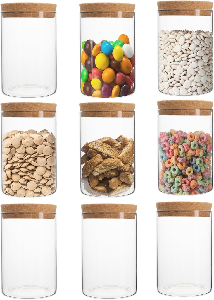 Borosilicate Glass Storage jar, with cork Lid 21oz Airtight Containers, Suitable for candy, beans, flour, tea, nuts, cereals, peppercorns, coffee, Kitchen Pantry Organization and Storage jar (9PCS)