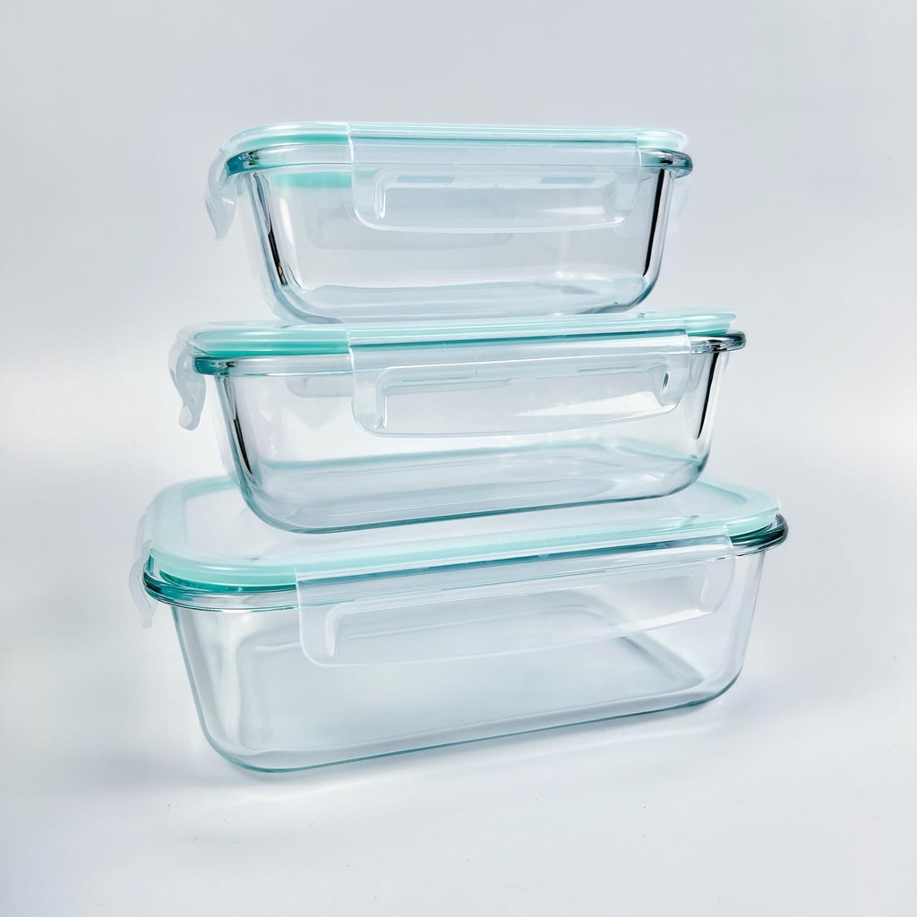 3 Piece Glass Food Storage Container Set Sealed Reusable Pantry Kitchen Storage Container Glass Lunch Prep Container Lunch Box, Microwave, Refrigerator and Dishwasher.