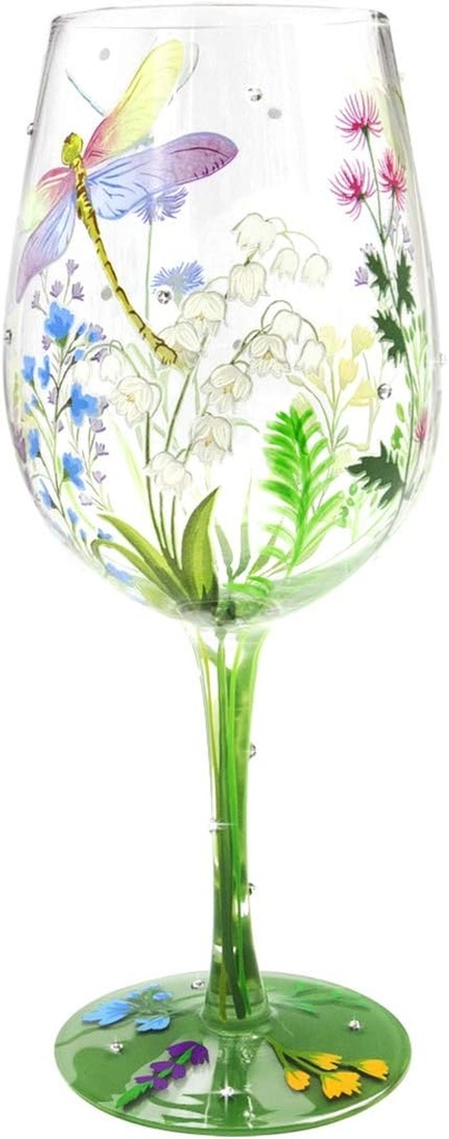 NymphFable Hand Painted Wine Glass Colorful Dragonfly Flower Artisan Painted 15 oz Glass Novelty Gift for Birthdays,Weddings,Valentine's Day