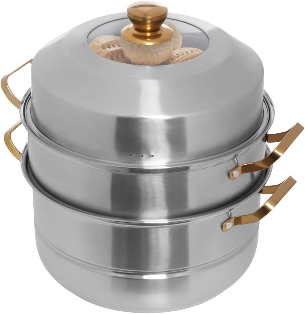 3-Tier Steamer Pot for Cooking, D12.6in Metal Steaming Cookware with Handles Glass Lid & Strainer Baskets, Food Steamer for Dumpling Fish Vegetable Seafood, W15.8*H13.8in