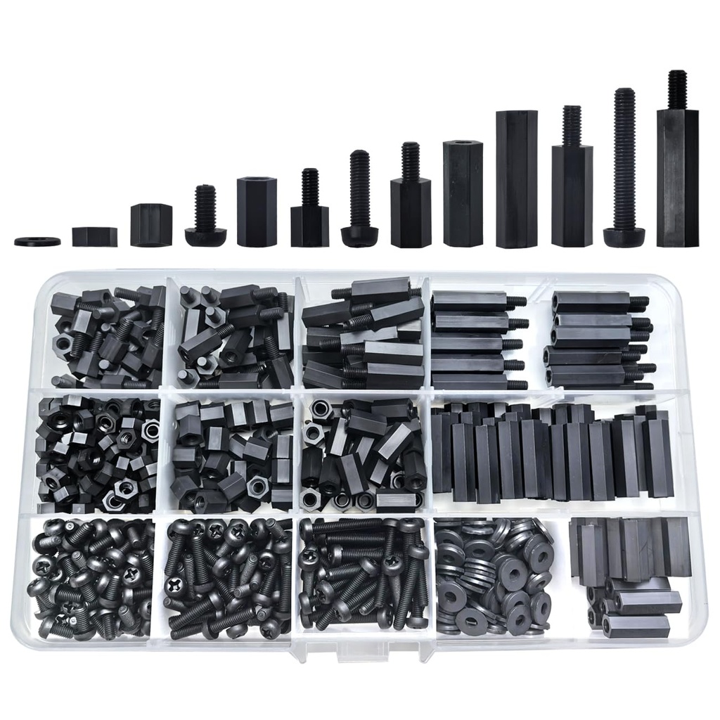 600PCS of M3 Male Female Nylon Hex Spacer Standoffs Screws Nuts, Motherboard Bolt and Screw Combination Suite for Circuit Board PCB Board Thread Column (Black)