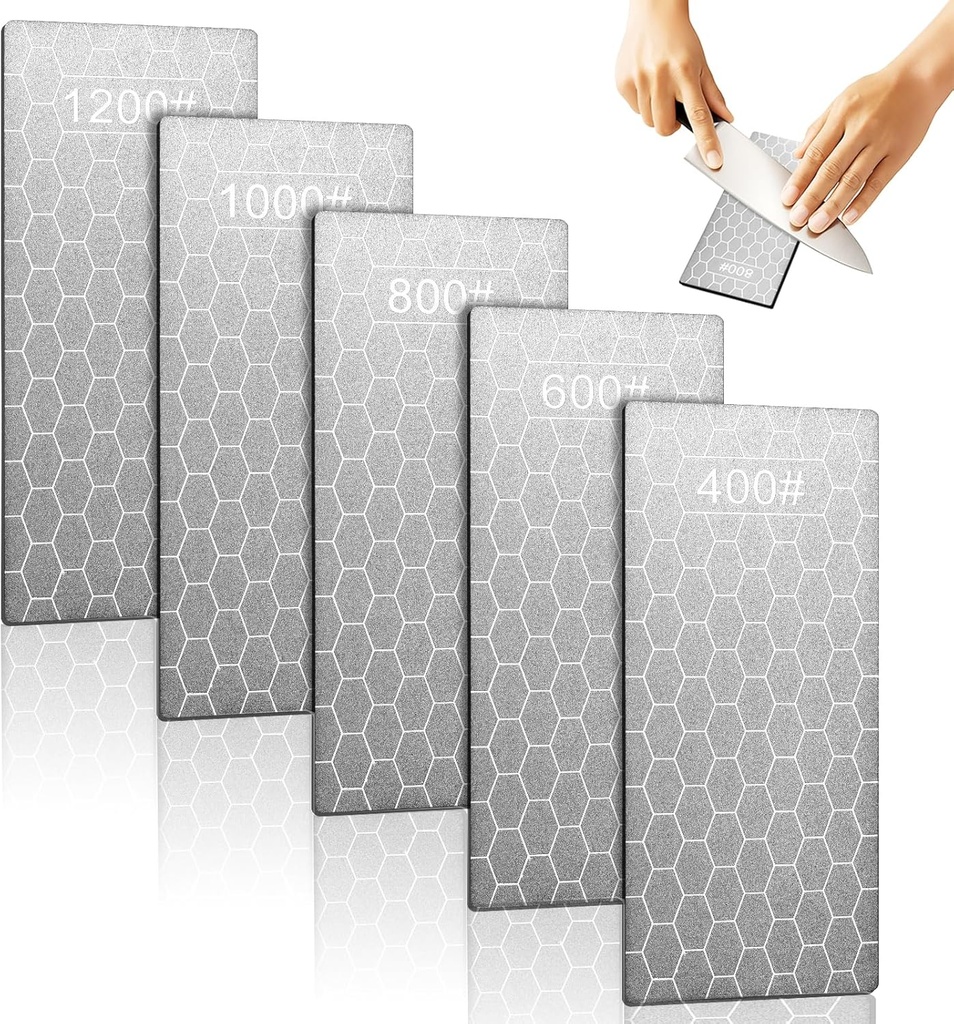 5 PCS Diamond Sharpening Stone, Double-Sided Sharpening Plate Honing Stones with Coarse Plate and Non-slip Base for Scissors, Knives 400/600/800/1000/1200 Grit (6 in. x 2.5 in)