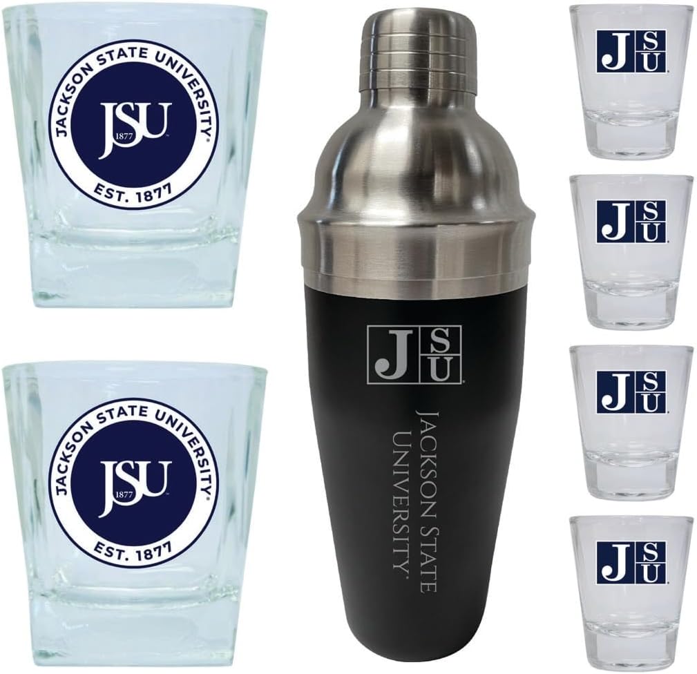 R and R Imports Jackson State University Officially Licensed Collegiate Barware Set – 7-Piece Cocktail & Whiskey Glass Gift Pack