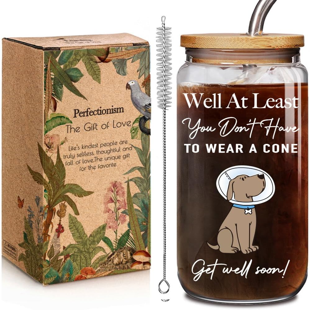 Get Well Soon Gifts for Women After Surgery - Well At Least You Don’t Have to Wear A Cone, Men Recovery Gifts from Friends Feel Better Get Wells 16 oz Glass Cup with Lids and Straws