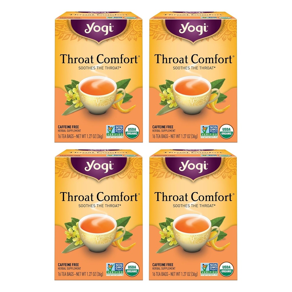 Yogi Tea Throat Comfort - 16 Bags per Pack (4 Packs) - Herbal Tea for Throats - Organic Throat Soothing - Includes Licorice Root, Wild Cherry Bark, Slippery Elm Bark & More