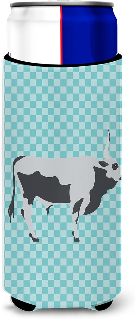 Caroline's Treasures Hungarian Grey Steppe Cow Blue Check Decorative Hugger, Slim Can, Multicolor