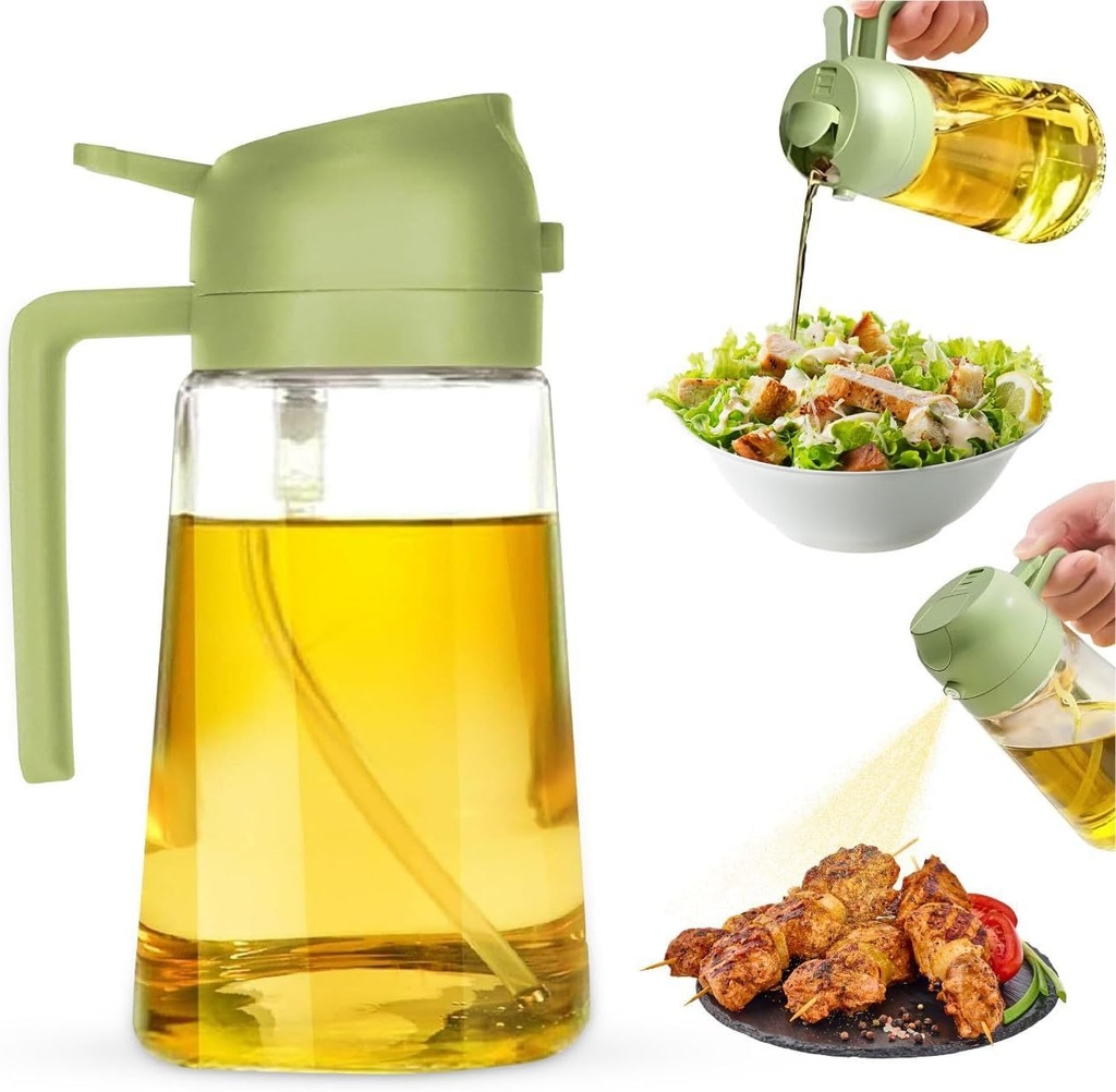 2-in-1 Olive Oil Dispenser Bottle, Spray and Pour, Multi-Use Kitchen Gadget, Food-Grade, Salad Dressing, Air Fryer, Healthy, BBQ, Barbecue (Green)