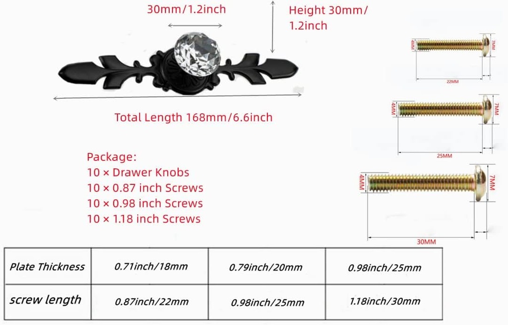 Drawer Dresser Knobs Pull Handles,Cabinet Door Knobs,6.6In Black Diamond Clear Crystal Glass Decorative Knobs 10 Pcs