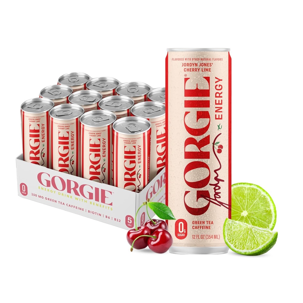 GORGIE Jordyn Jones Cherry Lime, Sugar-Free Natural Energy Drink Sparkling, Healthy Energy Drinks - Green Tea, Biotin, B Vitamins -150mg Caffeine, Vegan, & Low Calorie (Pack of 12)