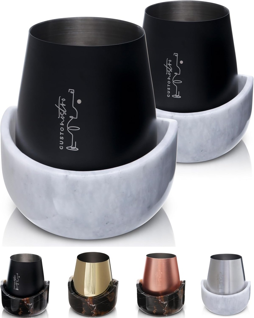 Gusto Nostro White Marble Wine Chiller for Glass and Stainless Steel Tumbler Set of 2 - Freezable Wine Glass Chiller Holder - Cool Set of Chillers and Stemless Metal Wine Tumblers for Home Bar (Black)