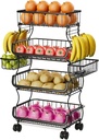 Simple Trending 4 Tier Rolling Cart, Stackable Fruit Vegetable Basket with Wheels and 2 Hanging Basket, Kitchen Storage Metal Wire Basket Stand for Vegetable Snacks, Black