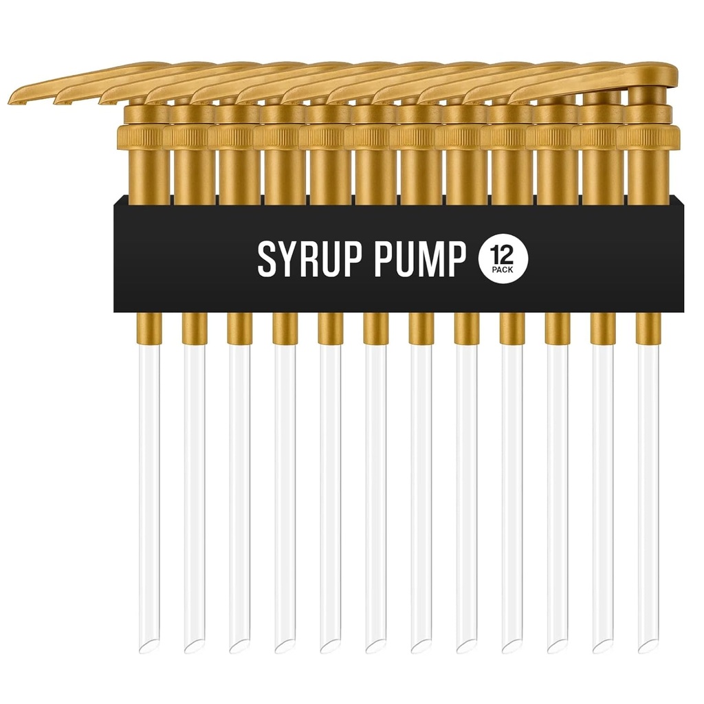 Syrup Pump for Coffee Syrup Bottles – 12-Pack Dispenser Pumps Fits 750ml / 25.4 oz Flavoring Syrup Bottles – Compatible with Torani & More – Gold Coffee Syrup Dispenser Pump for Home & Cafe Use.