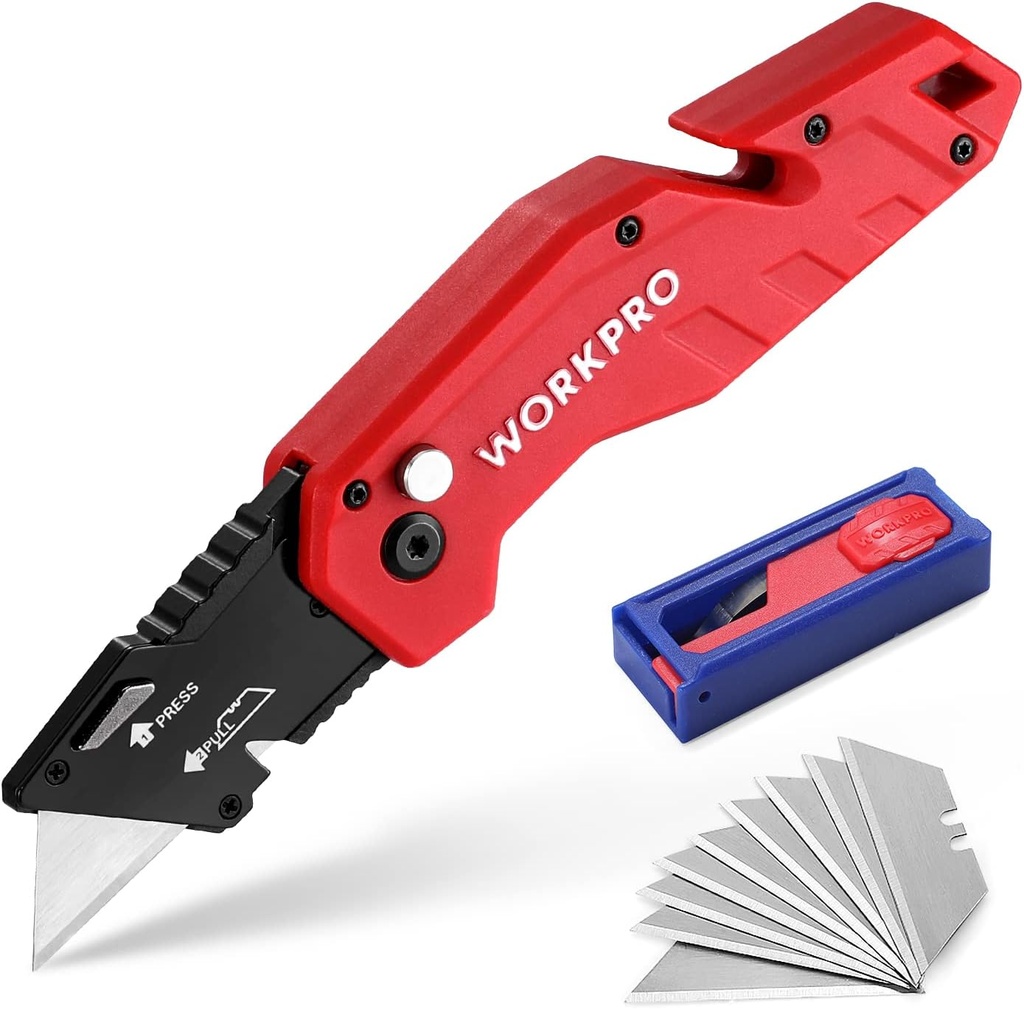 WORKPRO Folding Utility Knife, Quick Change Blade, Lightweight Nylon Handle, Utility Cutter with 10-piece Extra Blades