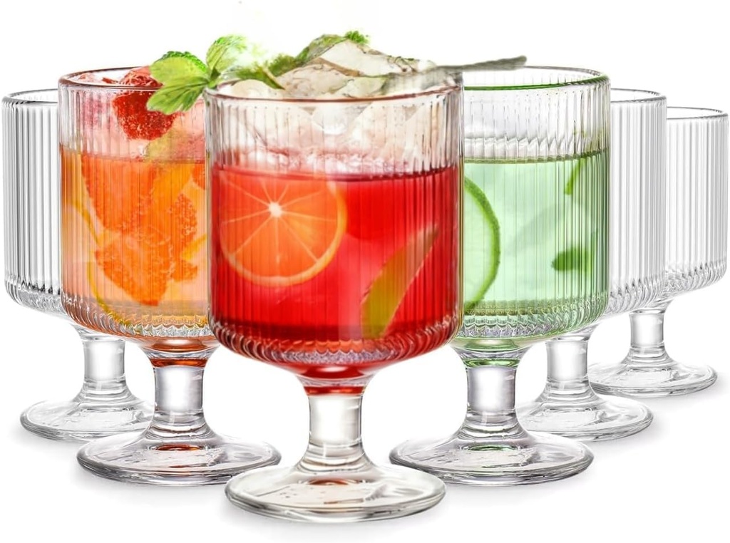 6 Packs Vintage Goblet Glasses, 8 oz Wine Glasses, Relief Stripes Glass Cup Set, Drinking Goblets, Bar Tumbler Glassware for Iced Tea, Wine, Beer, Juice, Cocktail, Whiskey