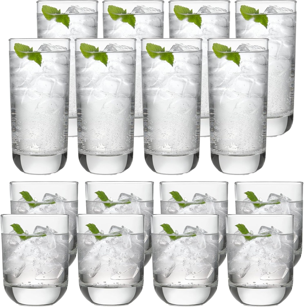 Libbey 31631 Polaris 16-Piece Tumblers and Rocks Glass Set, Drinkware Glasses Set of 15.2 Oz Tumbler & 11.1 Oz Rock Glasses, Clear Drinking Glasses Set of 16