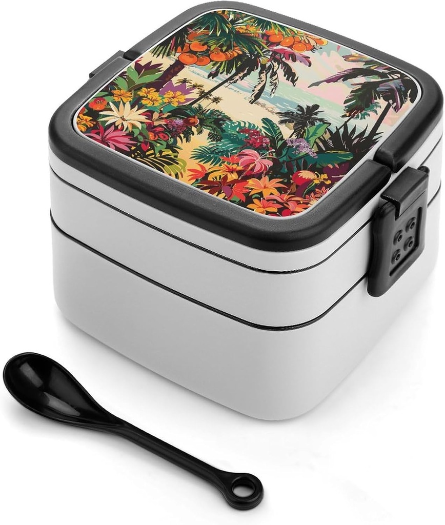 Tropical Floral Pattern Bento Box Double-Layer Bento Lunch Container with Spoon And Invisible Handle Adult Leak-Proof Lunchbox for Dining Out Work Picnics Travel
