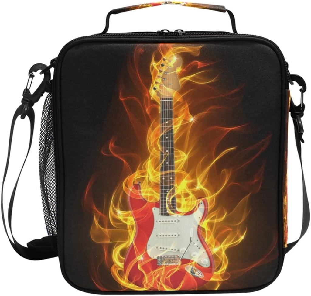 Music Electric Guitar Lunch Box Reusable Insulated Lunch Bag,Fire Flames Guitar Meal Prep Tote Bag Cooler for Women Men Teens School Office Outdoor Use