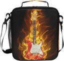 Music Electric Guitar Lunch Box Reusable Insulated Lunch Bag,Fire Flames Guitar Meal Prep Tote Bag Cooler for Women Men Teens School Office Outdoor Use