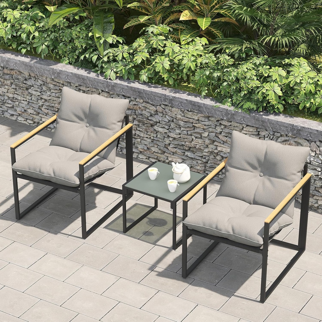 3 Piece Outdoor Bistro Set, Textilene Fabric Chairs with Integrated Cushions and Backrest, Chair of 2 with Coffee Table for Patio, Indoor, Garden, Balcony, Poolside, Gray Cushion