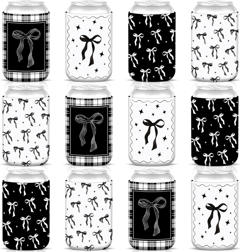 12 Pcs Bow Can Cooler Sleeves Neoprene Coquette Party Favors 12 oz Drink Beverage Can Insulator Beer Cup Holder for Hot Cold Drinks Coquette Bow Birthday Party Supply Favor Gifts (Black)