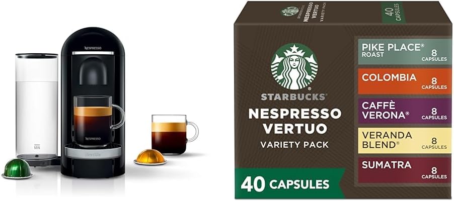 Nespresso Vertuo Plus Deluxe Coffee and Espresso Maker by Breville, Black + Starbucks Capsules, Vertuo Line