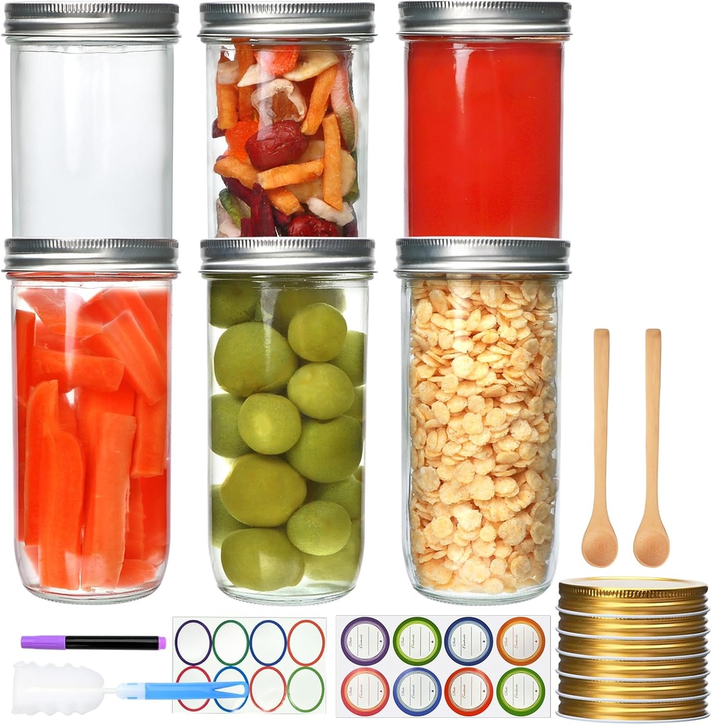 24oz Wide Mouth Mason Jars, Glass Food Storage Airtight Lids and Bands,Tall Canning Jars for Pickling,Fermenting,Salad 6pcs