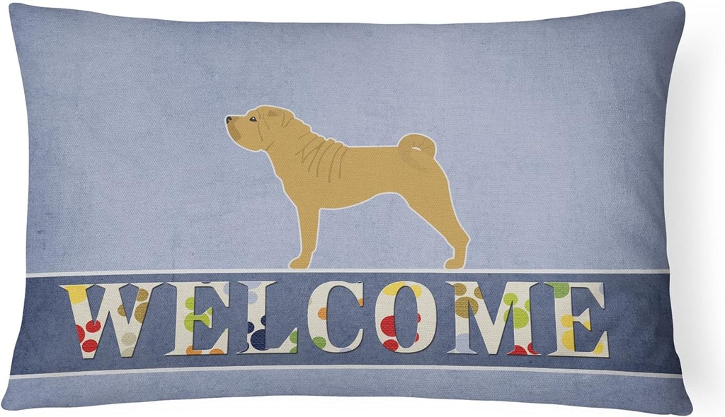Caroline's Treasures BB5556PW1216 Shar Pei Merry Welcome Canvas Fabric Decorative Pillow Machine Washable, Indoor Outdoor Decorative Pillow for Couch, Bed or Patio, 12HX16W