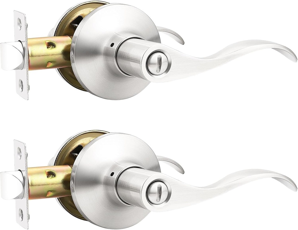 GOBEKOR 2 Pack Brushed Nickel Door Handles Interior Privacy Door Handle with Lock Silver Door Locks for Bedrooms Bathroom Interior Door Hardware