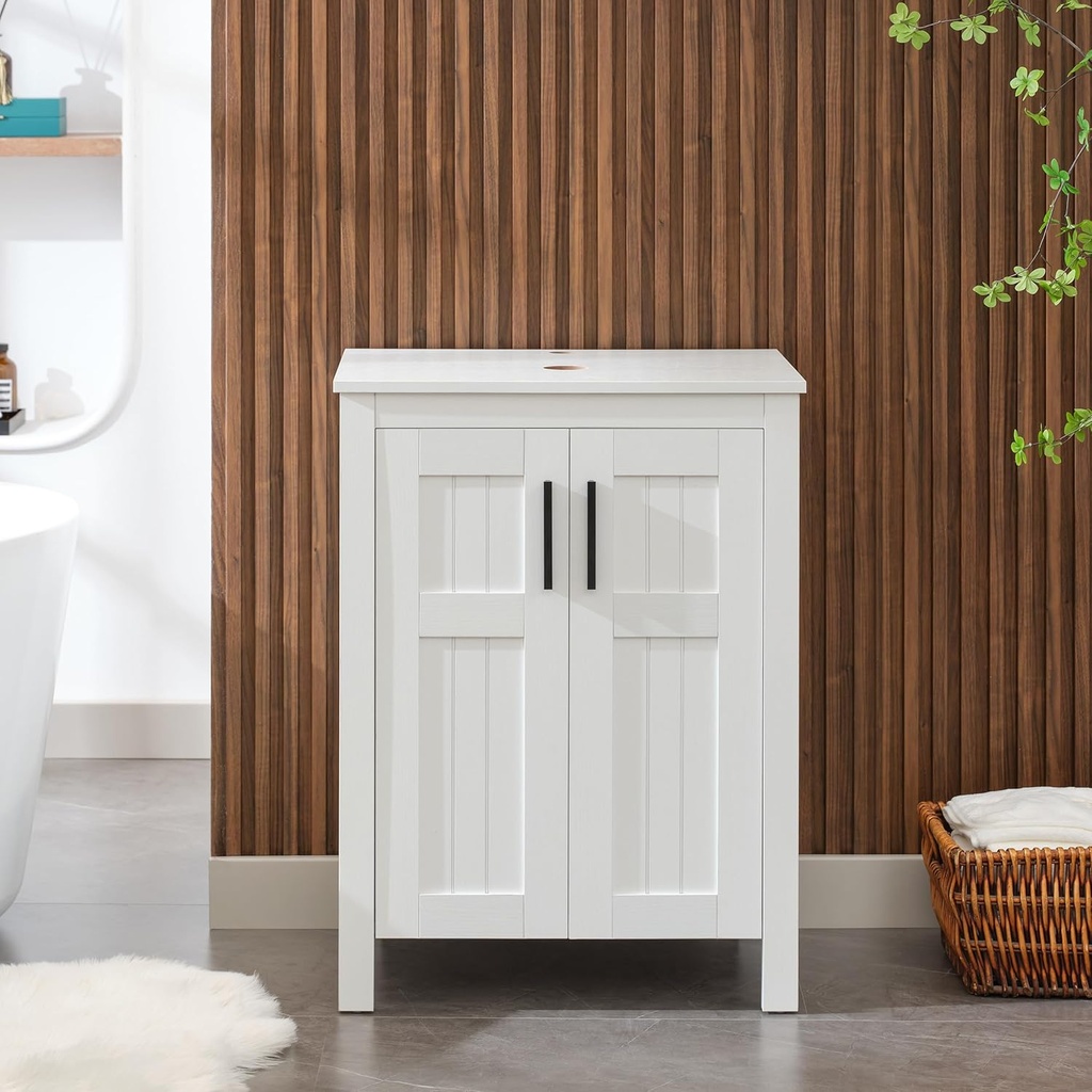 UEV White 24" Bathroom Vanity Without Sink,Modern Freestanding Sink Cabinet,Stylish Bathroom Vanity Cabinet,Grooved Double Doors,Metal Handles