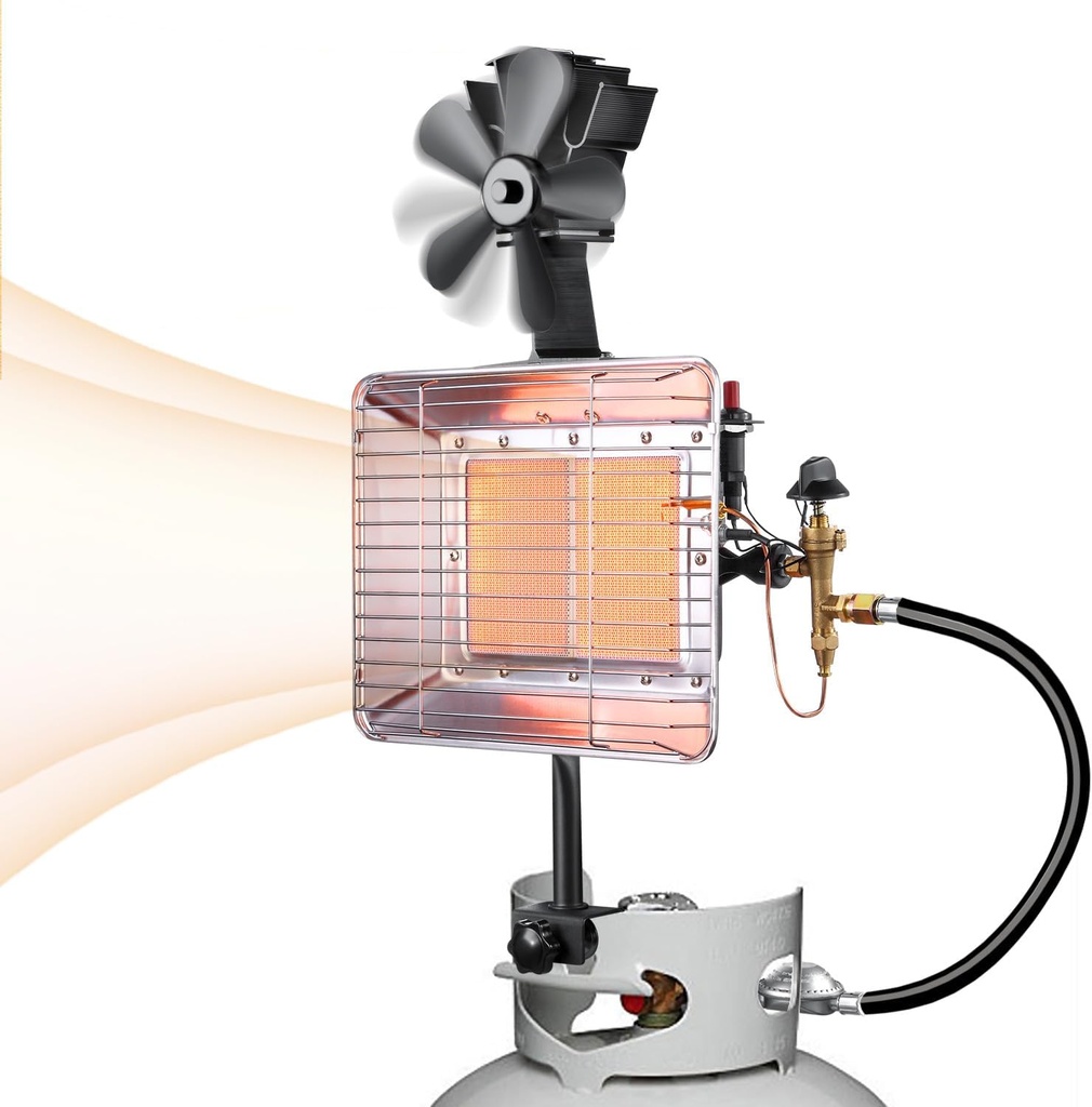 13,000 BTU Propane Tank Top Heater with Heat Powered Fan, Outdoor & Patio Heaters with Safety Shut-Off Valve & Tip-Over Switch, Ideal for Camping, Construction Sites, and Garages (Heater with Fan)