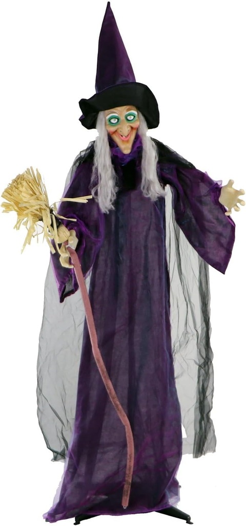 Haunted Hill Farm Life-Size Scary Talking Witch with Broomstick, Halloween Animatronic with Touch Activated Lights and Sound, Battery Operated Indoor or Covered Outdoor Halloween Decorations
