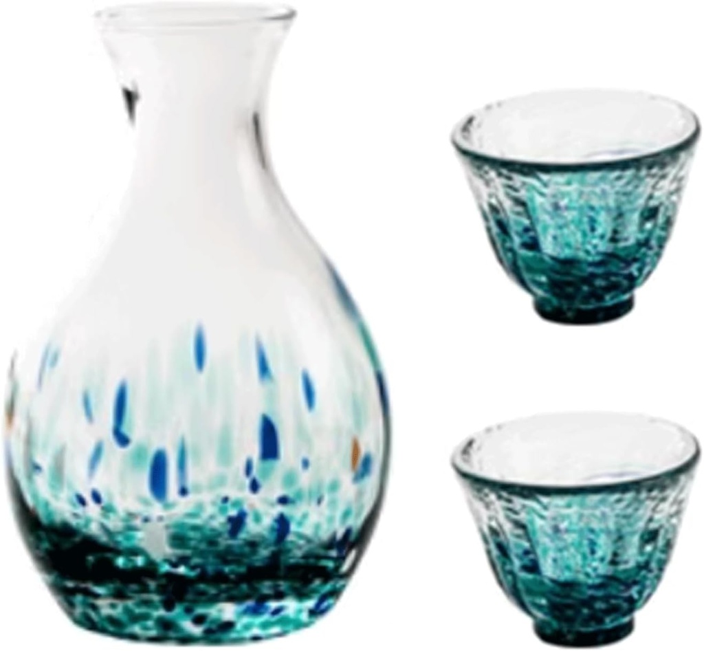 Glass Crafts Japanese Sake Set 3 Pieces Sake Cups Sake Bottle Japanese Sake Set for Anniversaries Decor (A)