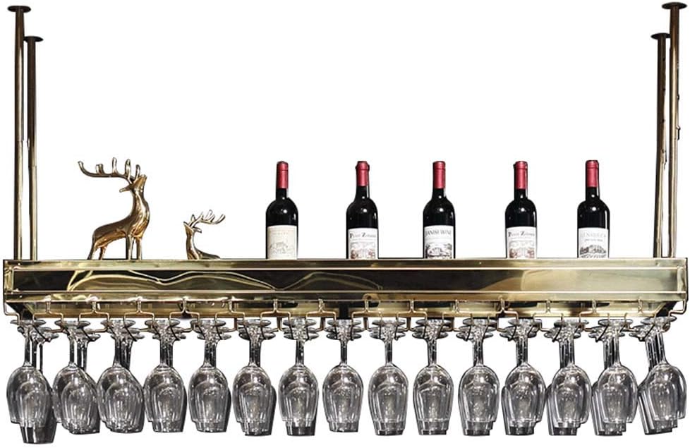 Wine Rack European Wine Glass Rack Adjustable Hanging Wine Bottle Holder Double Storage Stainless Steel Wine Holder Stemware Holder with Tempered Glass Partition for Bars, Wine Cellars Home