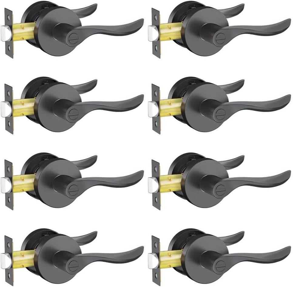 Privacy Door Levers, 8 Pack Black Door Handles Interior Door Levers Keyless Lockset, Heavy Duty Reversible Wave Levers for Bedroom Bathroom